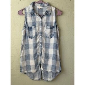 Love Fire Womens Blue Buffalo Plaid Sleeveless Button Down Shirt S